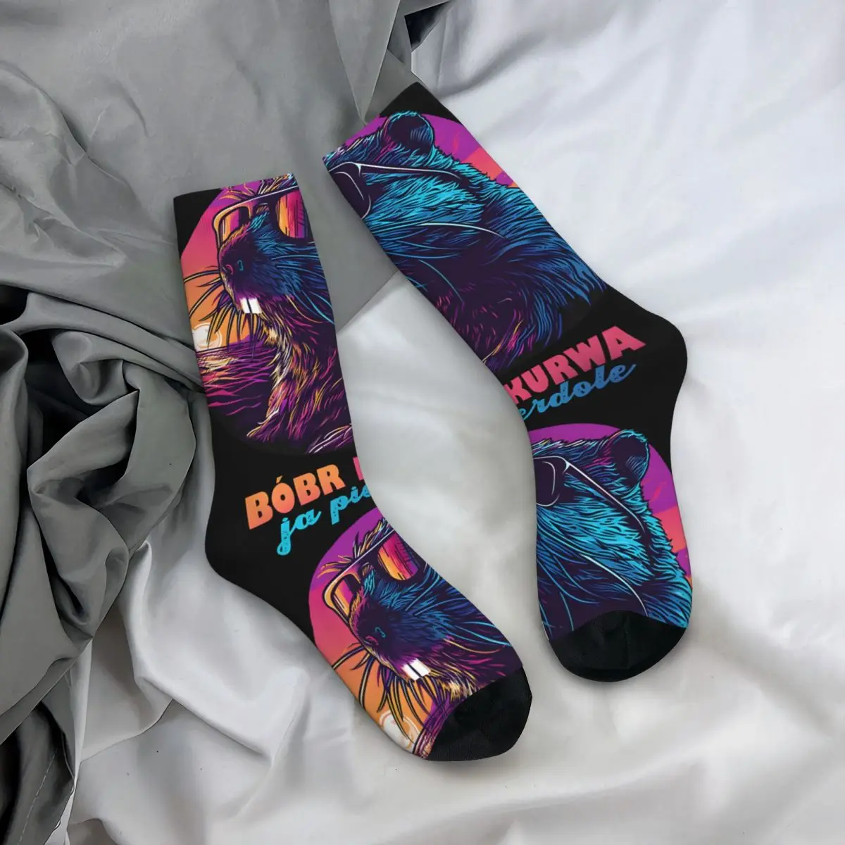 Chaussettes de Compression Vintage Synthwave Polish Beaver pour Homme, Unisexe, Bobr Kurwa Harajuku, Sans Couture, Imprimée, Nouveauté