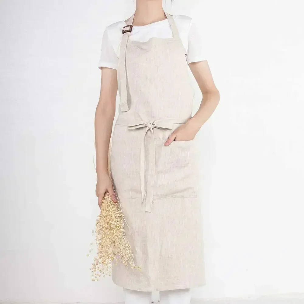 

100% Linen Apron with Buttons Adjustable Bib Apron with Pockets Linen Half Apron Bistro Apron