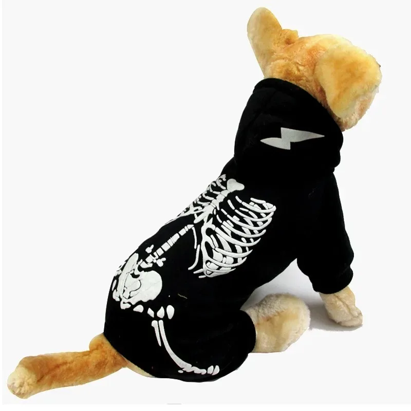 Image of Verstellbarer Leuchtender Fluoreszierender Skelett-Muster Hoodie-Mantel für Welpen und Teddyhunde Herbst Winter Warmes Haustier-Kostüm