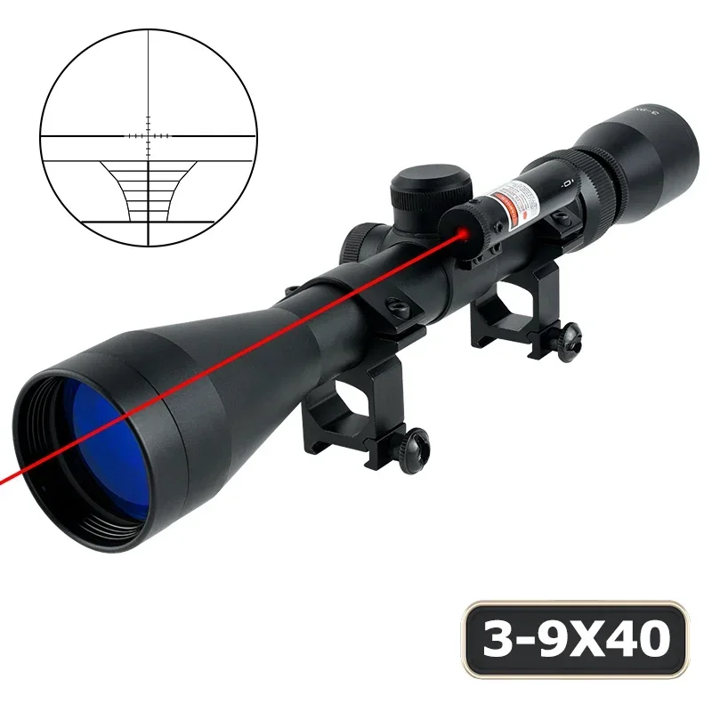 3-9x40 with Red Laser Riflescope Optical Lens Tracking Aim Airsoft Snipe Tactical Combo Sight Hunting Reticle 11mm/20mm Mount