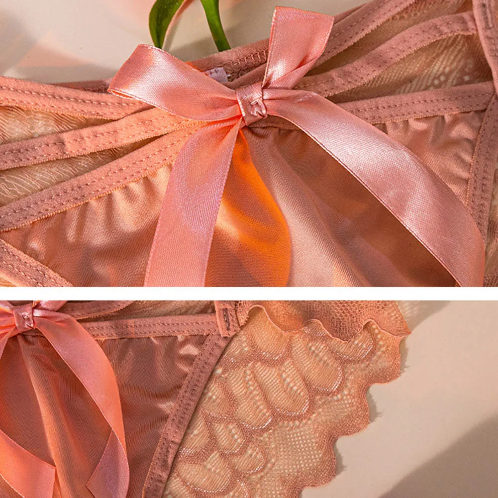 Women Lightweight Quick Drying Underwear Sheer Lace Briefs Satin Bow Decoration Fashion Female Knickers Panties