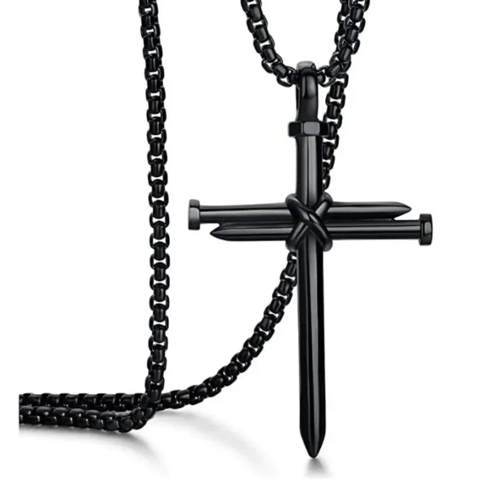 Mens Black Stainless Steel Necklace Nail Cross Pendant-Chain Necklace Christian Church Baptism Gift for Men Wholesale