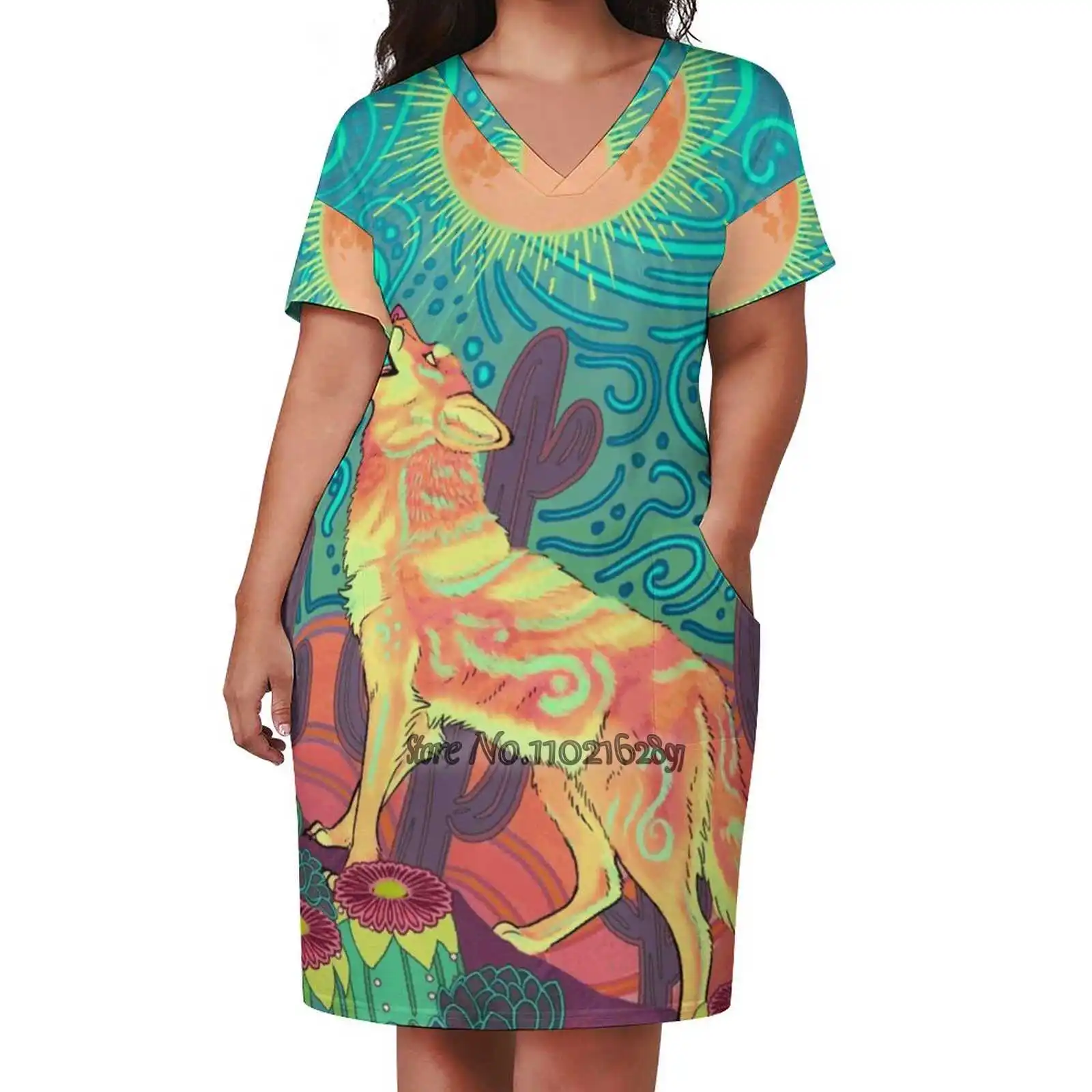 Peyote Coyote V-Neck Short Sleeve Skirt Korean Kawaii Skirts Party Dresses Coyote Wolf Howl Desert Cactus Peyote Trippy Trip