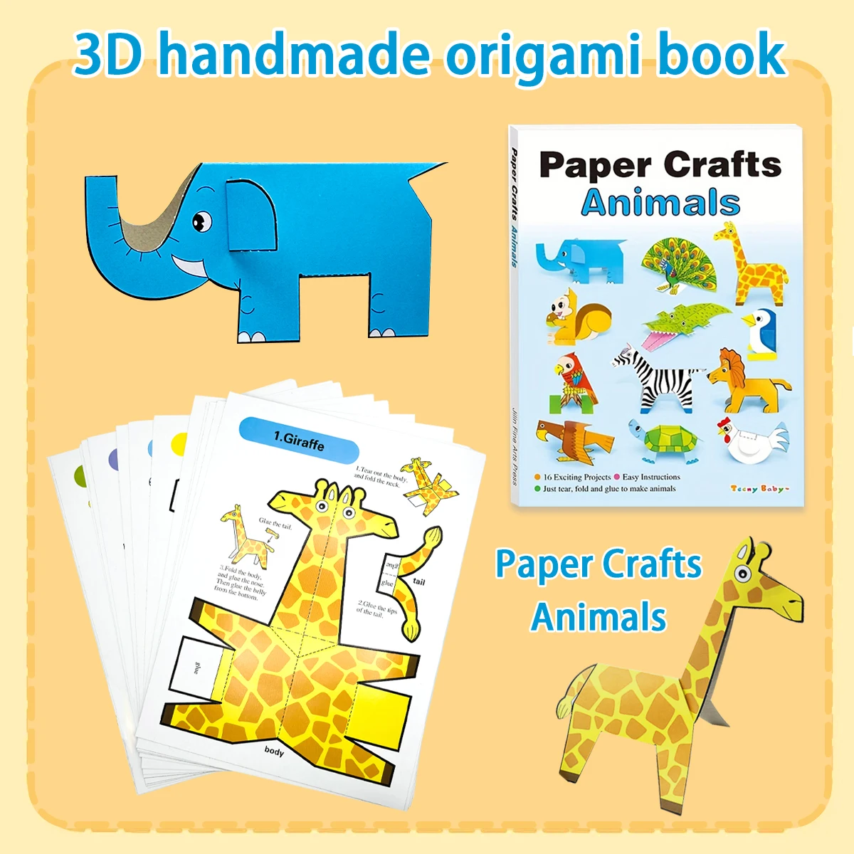 Animal Themed 3D Paper Craft Book With 16 Detachable Pre-cut Templates Easy Tear Fold Glue DIY Animal Origami Creativity Gift