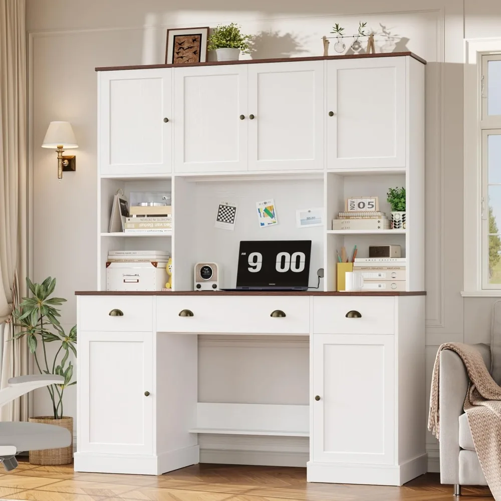 

63"Wx75"H Executive Desk with Hutch Computer Writing Desk with Drawers, Storage Cabinets with Adjustable Shelves Farmhouse Moder