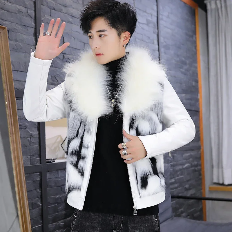 2024 Men\'s Faux Fur Leather Coat Youth Handsome Autumn and Winter Warm Faux Mink Jacket