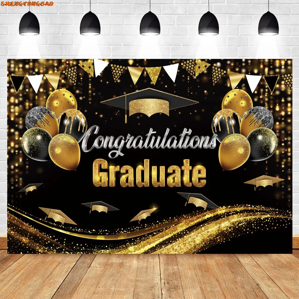 ขอแสดงความยินดี Grad การถ่ายภาพฉากหลังทอง Glitter บอลลูนหมวก Graduation Class 2024 Party Photocall ภาพพื้นหลัง