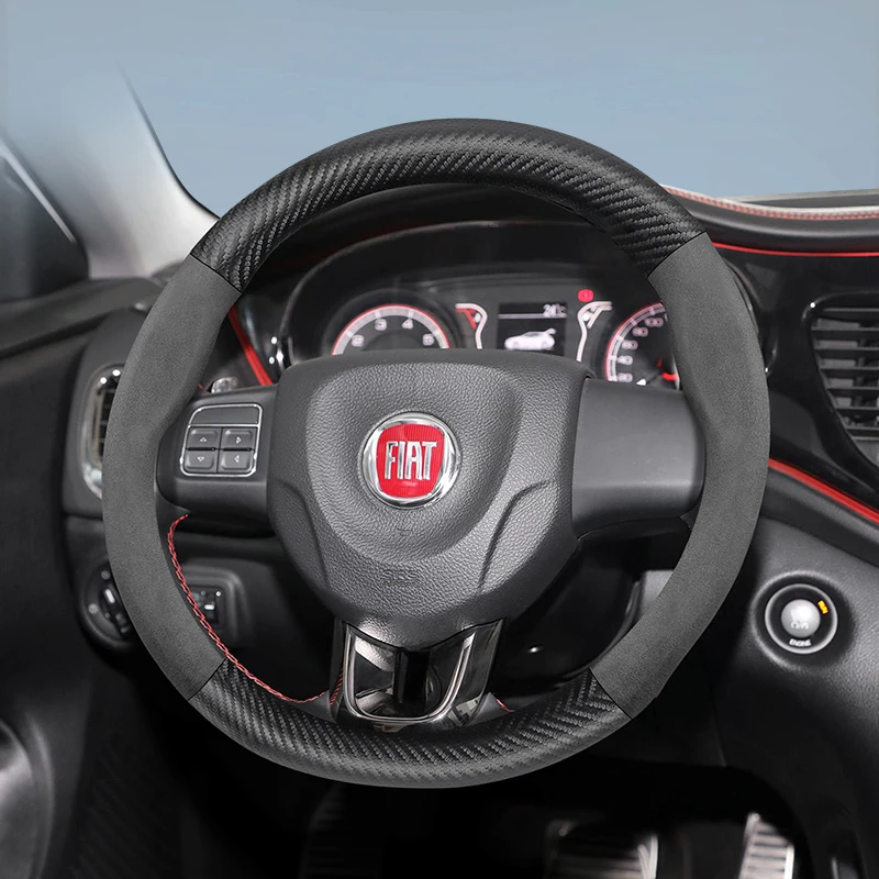 Passend für Fiat Wildleder Matte Carbon Fiber Texture Lenkradbezug Passend für 500 Grande Punto Evo 169 Ducato Bravo Tipo Linea Albea Panda 124 Spider 500X 500L 126 1500 127 1300 Scudo