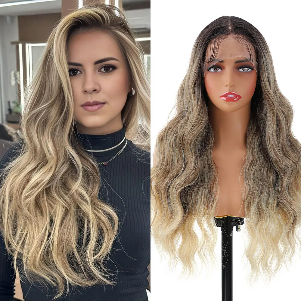 

Синтетический парик с кружевной вставкой 13x4, длинный волнистый парик с естественной линией роста волос, с центральным пробором, для женщин, омбре, блонд, красный, термостойкий, для косплея