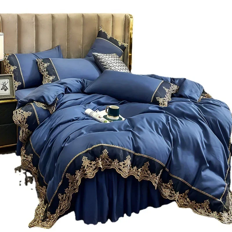 Skincare Polished Light Luxury European Style Embroidery Four Piece Set Solid Color Lace Bed Skirt Four Piece Set