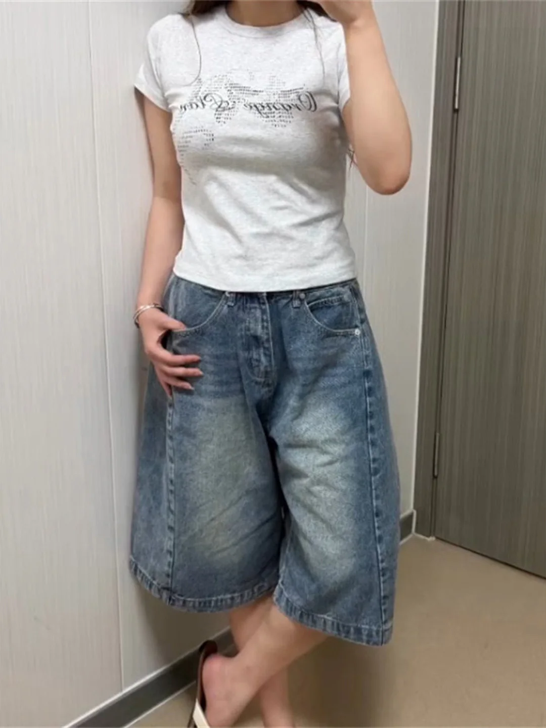 

High Waist Wide Leg Straight Cut Denim Capri Pants Women's Summer New Washed Vintage Blue Jeans Loose Fit Trousers