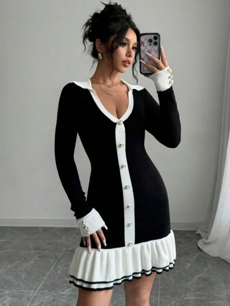 Trendix Elegant Knit Sweater Dress Women High Waist Slim Long Sleeve Cardigan Dress Ladies Party Fashion Knitted Evening Dresses