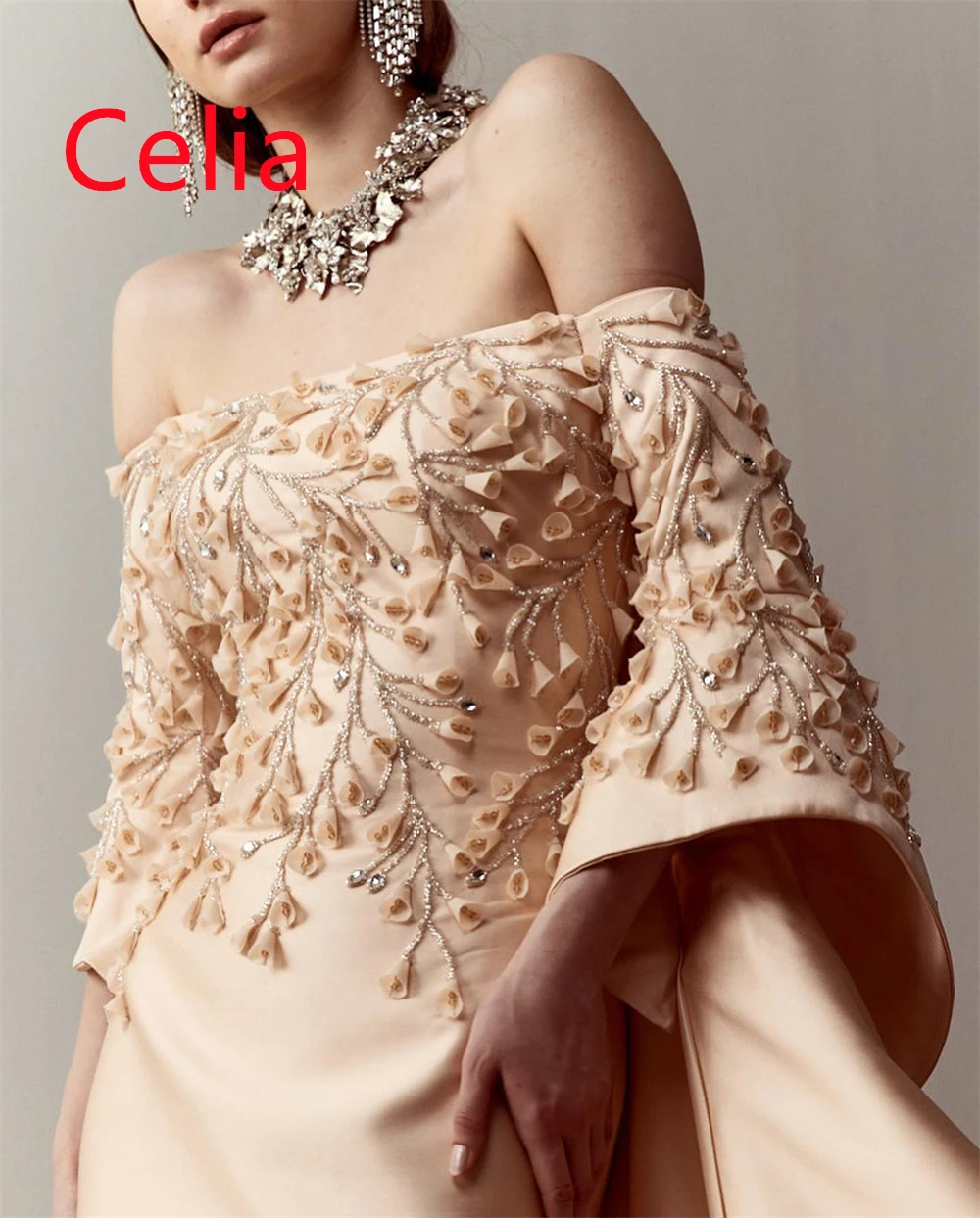 Customized  Classic Champagne Satin Evening Dress Exquisite Strapless Off the Shoulder Long Sleeves Crystal Homecoming