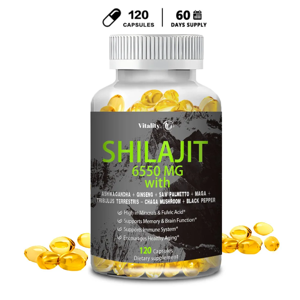 Vitality Shilajit Cápsulas 6550 mg con 40% de ácido Fulvic | Auténtico Himalaya con suplemento natural sin OGM de 85+ Trace Minerals
