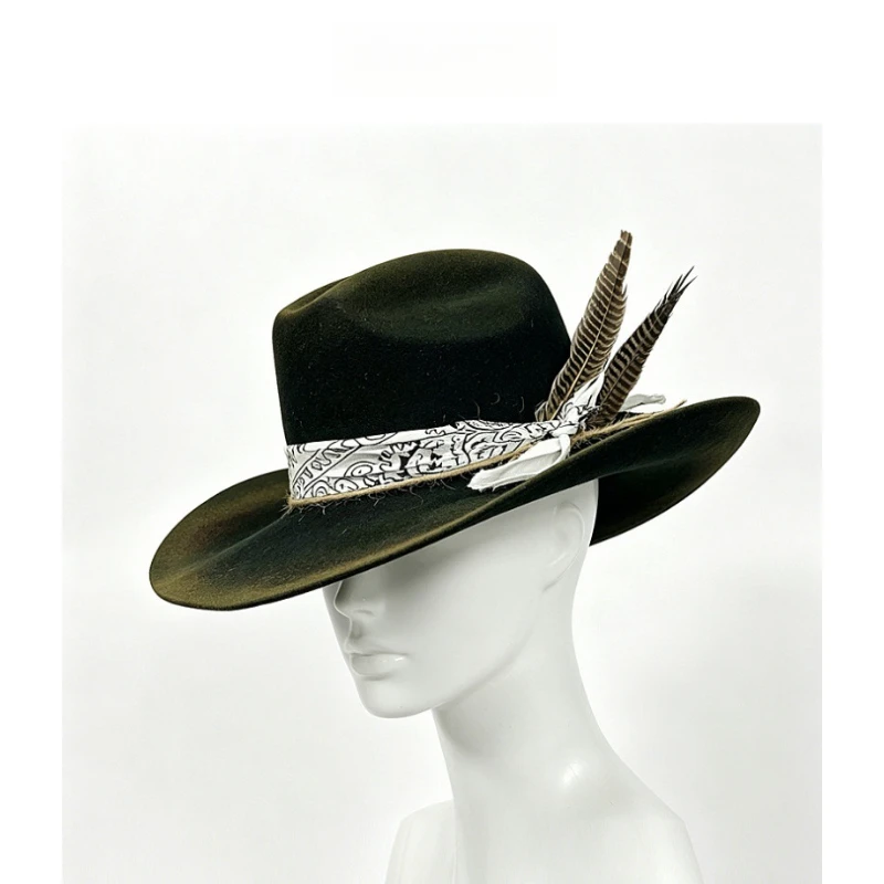 

Vintage Wool Western Cowboy Hat for Men Women Wide Brim Fedora with Feather Bandana Decor Ethnic Sombrero Winter Outdoor Party