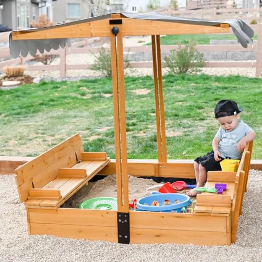 

Большая уличная деревянная песочница из кедра с крышкой, защитным чехлом от песка, складными сиденьями-скамейками и выдвижным тентом