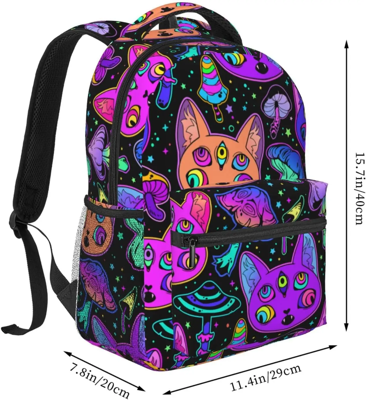 Backpack Casual Halloween Trippy Eyes Black Cat Mushrooms Bookbag with Padded Straps Anti Theft Rucksack for Travel Camping