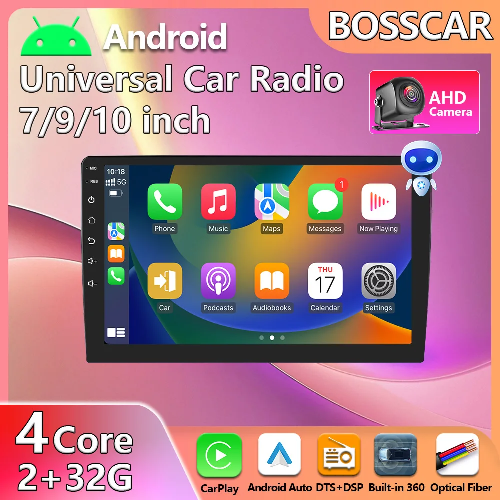 

BOSSCAR 7"/9"/10" Car Radio Wireless Carplay Android Auto 2 Din GPS Navigator MP5 Player Glass Screen Wi-Fi FM BT Car Stereo