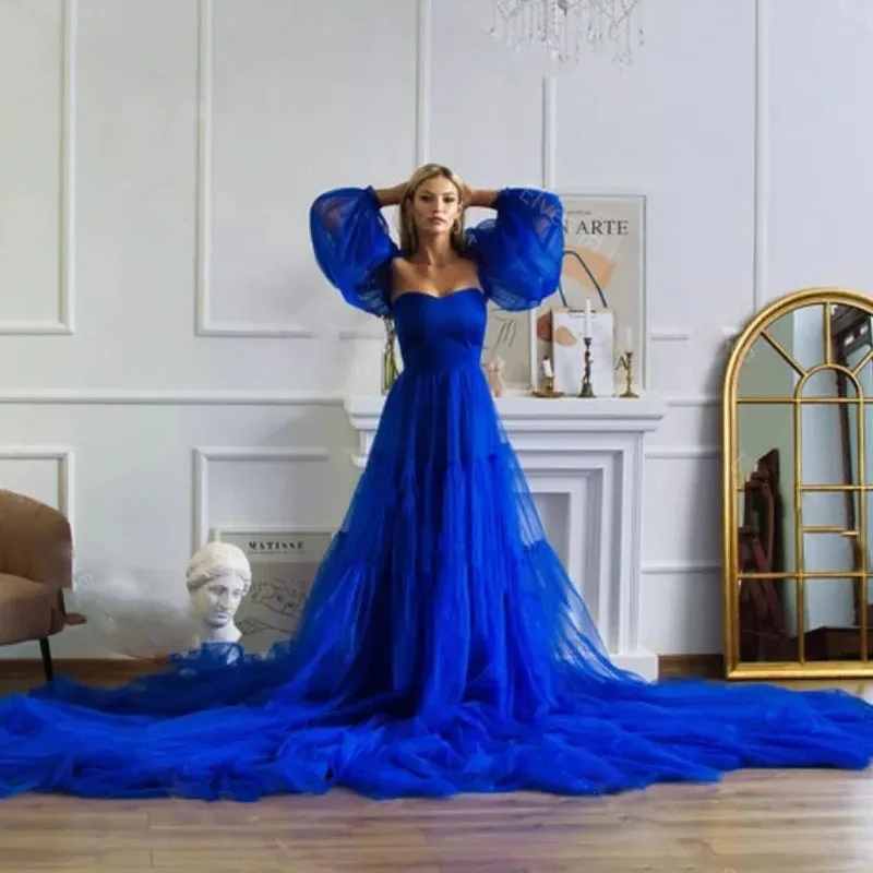 14501#Royal Blue Bridal Tulle Maternity Dress with Detachable Sleeves Long Train Nightgown Sleepwear for Photo Shoot Prom Gowns