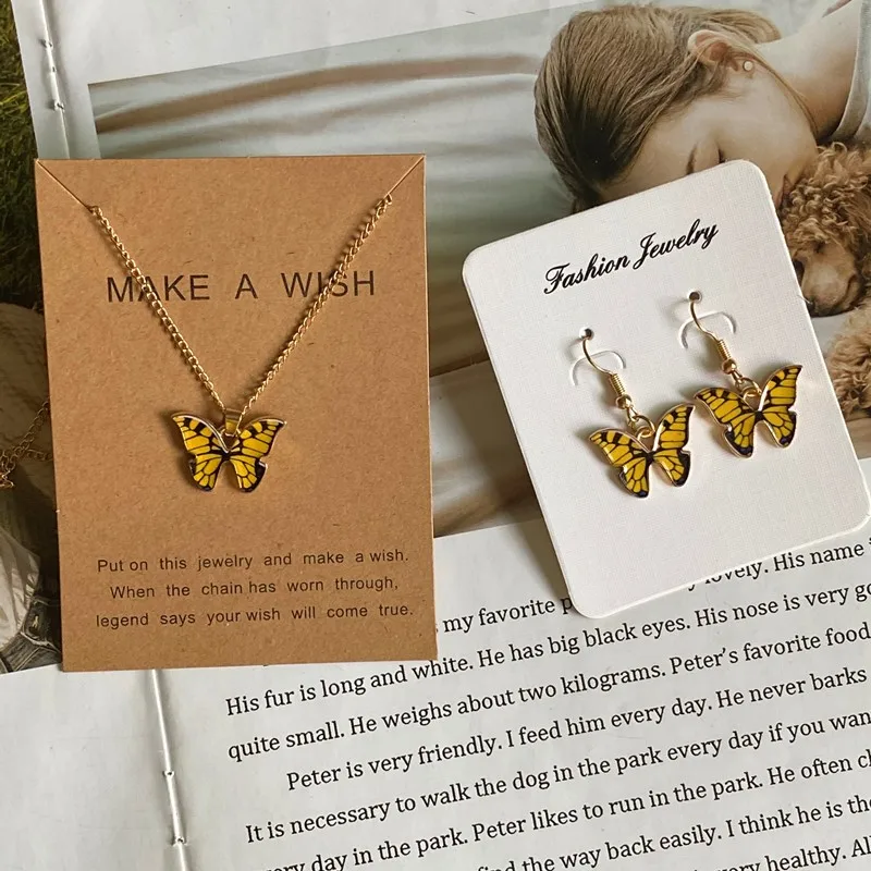 Cute Fashion Butterfly Necklace Earrings Set New Popular Blue Purple Orange Color Pendant Fashion Women Jewelry Wholesale