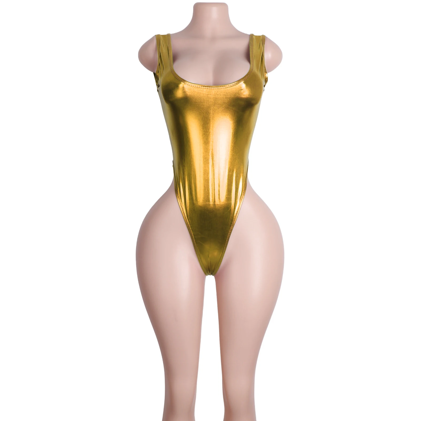 

Exotic Patent Leather Thong Jumpsuit with Rhinestone Detail - Metallic Feel Stripper Outfit for Performance Wear And Clubwear