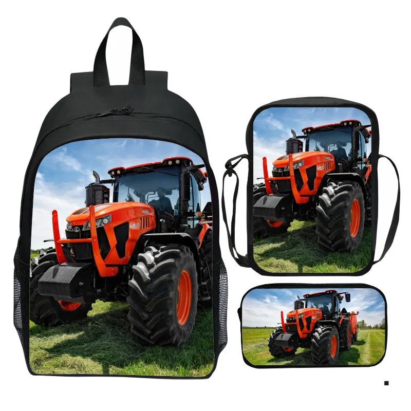 Printed tractor backpack three piece set cartoon elementary school backpack small shoulder bag pencil case