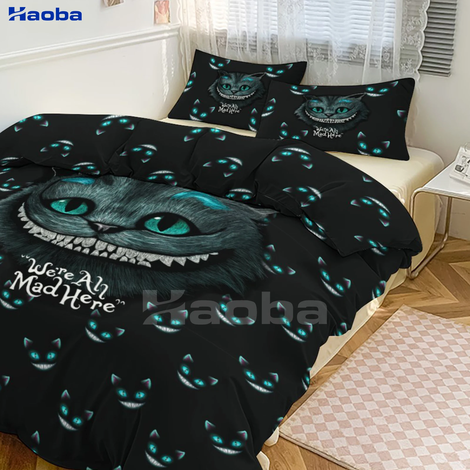 Juego de ropa de cama de tres piezas para niños o adultos, fundas de edredón para camas, regalos de cumpleaños para mujeres y hombres, gato de Cheshire