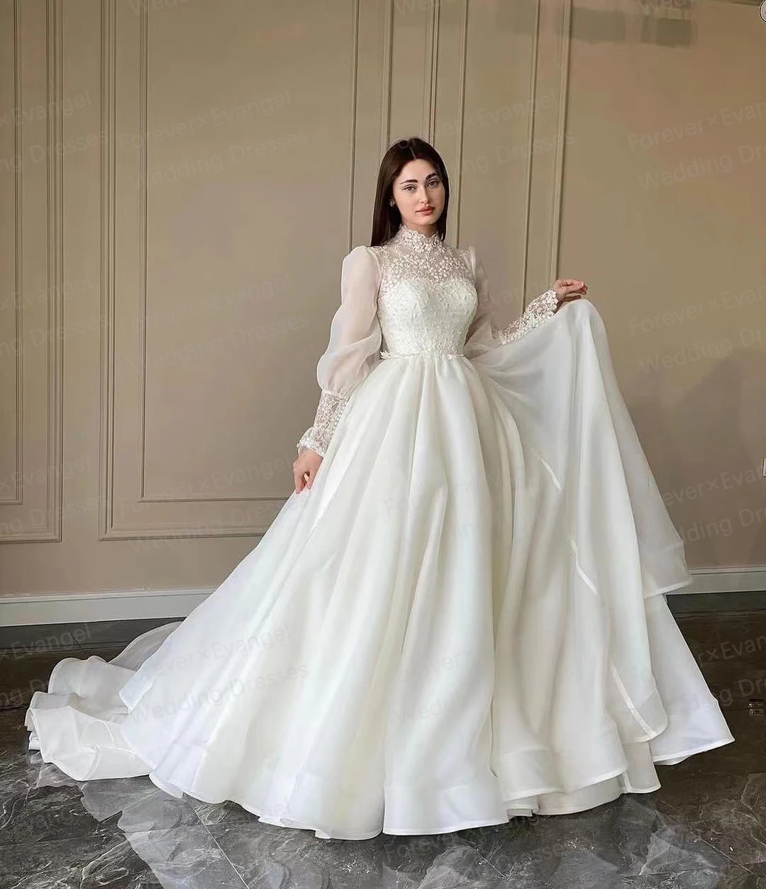 

Elegant Princess Wedding Dresses A Line Woman's Sexy High Neck Appliques Bride Gowns Long Sleeve Fluffy Tulle Vestidos De Novia