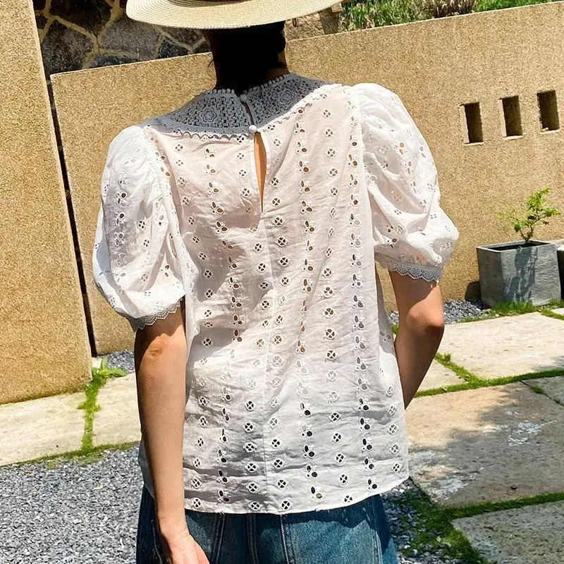 MIMIBIANCHE Damska Bluzka z Haftem, Krótki Rękaw, Letnia/Wiosenna, Biała, Okrągły Dekolt, Bufiaste Rękawy, Poliester