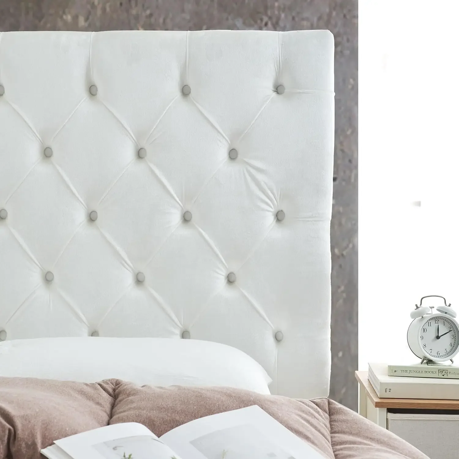 Tufted Velvet Plush College Dorm Right Side Outlet Headboard with Legs | White. Essential Dorm Supplies for College Freshmen Nec view 3