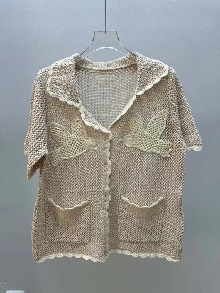 Top in cotone per donna Primavera Estate Casual Ricamo all'uncinetto Camicia a maniche corte con risvolto scavato Camicette abbottonate
