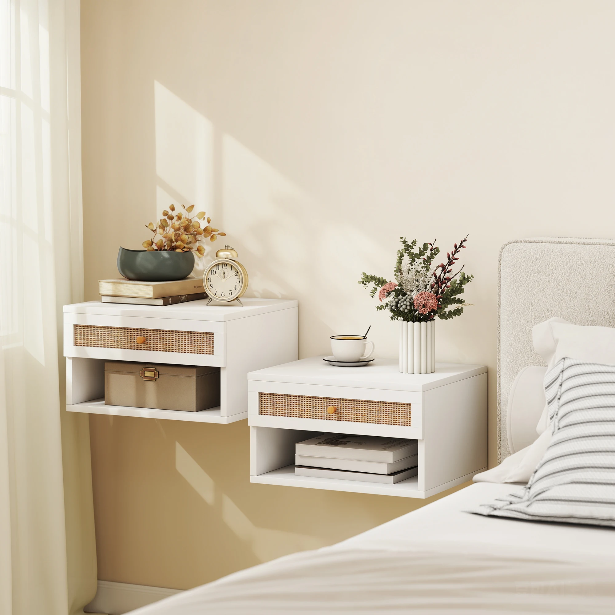 Set of 2 Floating Wall Nightstands with Rattan Drawer and Open Shelf, Nordic Style Bedroom Nightstands, for Living Room,