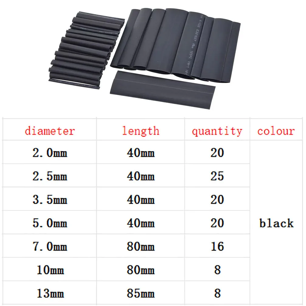 

127 pcs/batch of flame-retardant black heat shrink tubing waterproof insulation sleeve electronic polyolefin sheath heat shrink
