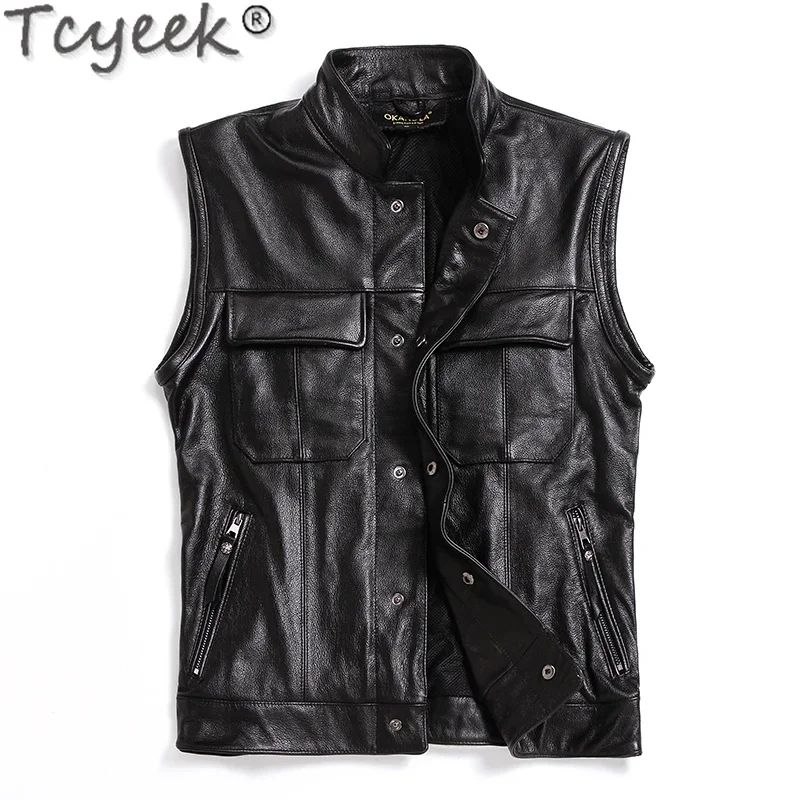 

Tcyeek Men's Genuine Leather Jacket Autumn Cowhide Leather Vest Motorcycle Men Sleeveless Short Coats Male Vests Chaquetas Lq512