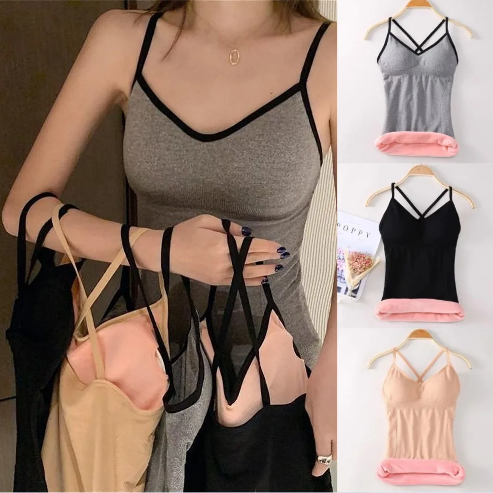 

Women Thermal Underwear Velvet Vest Winter Ladies Simple Solid Cross With Chest Pad Camisole Slim Warm Sling Vest Female Tops