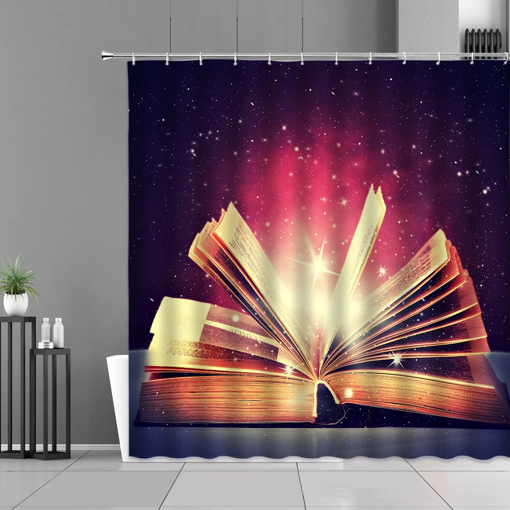 Library Old Wooden Booksheld Shower Curtain Magic Book Design Bath Curtain Study Room Temple Decoration Bathroom Decor Screens
