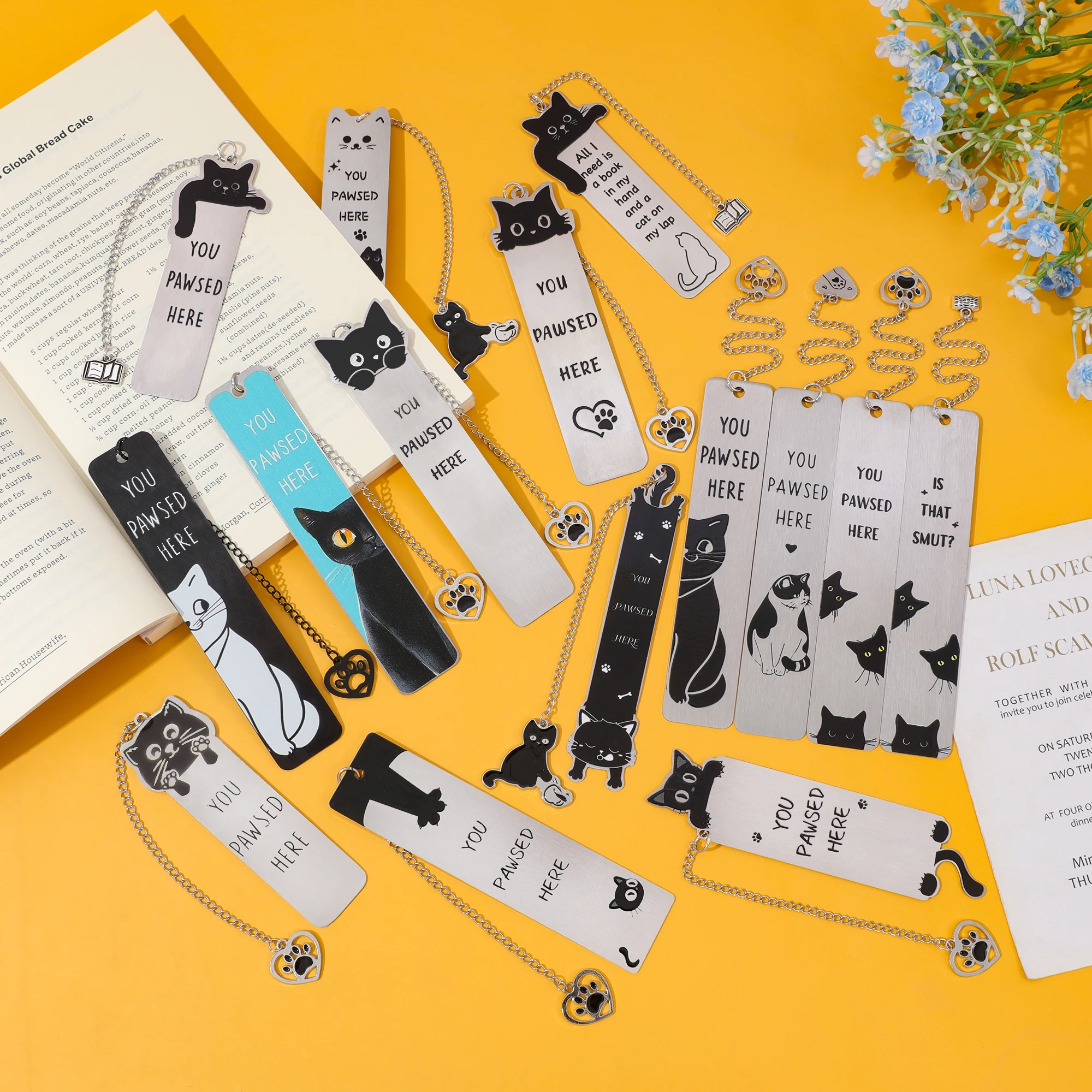لطيف القط المعادن المرجعية مع القط باو قلادة Kawaii القراءة صفحة علامة كتاب عشاق سلسلة كتاب الملحقات هدية لمحبي القطط