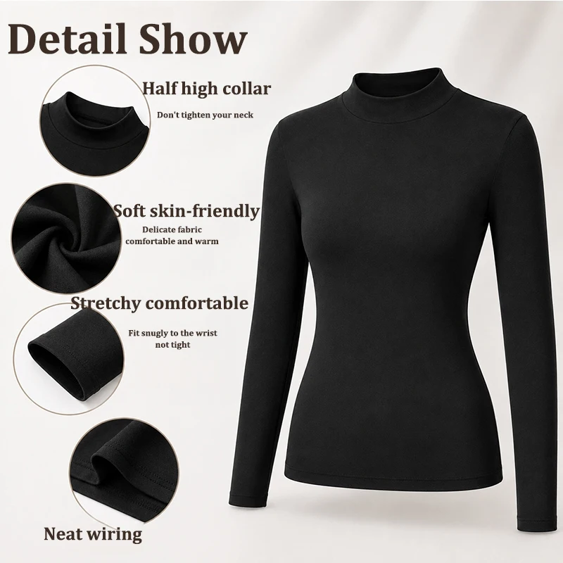 FINETOO Winter Women Half High Collar Warm Thermal Top Soft Fleece Lined Long Sleeve Shirts Stretchy Slim Fit Ladies Inner Layer