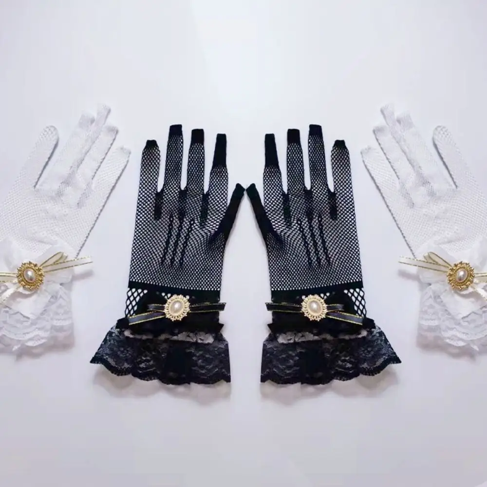 Gothic Black White Lace Gloves Ruffle Edge Flower Pattern Mesh Gloves Soft Elastic Bow Cosplay Gloves Cosplay Event