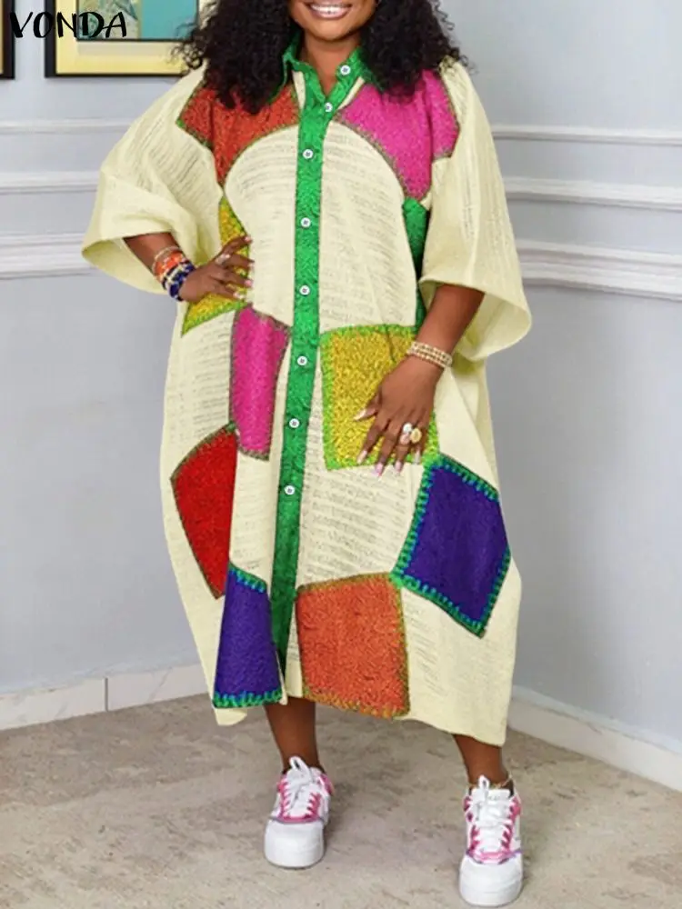 حجم كبير 5XL فوندا المرأة البوهيمي فستان طويل التلبيب 3/4 كم اللون المرقعة فساتين الحفلات عادية خمر رداء المتضخم #1