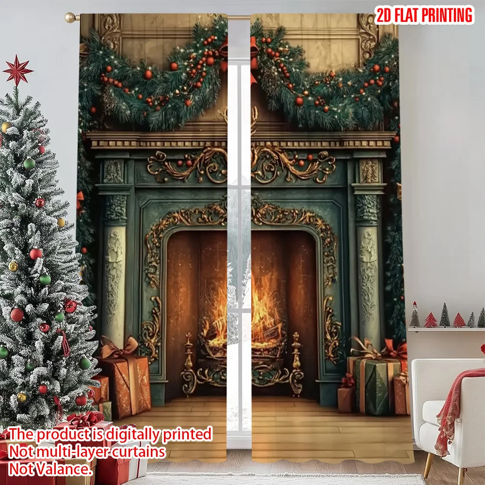 

2pcs 2D flat printing Merry Christmas Popular Window Curtains Antique Christmas fireplace Polyester Without Electricity Holiday