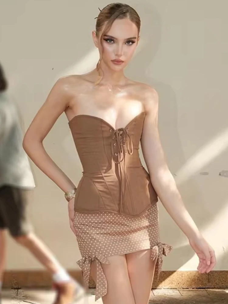 

Nibber Sweet Trend, комплект из 2 предметов, женский топ на бретелях с глубоким вырезом и гофрировкой + юбка в горошек с бантом, персиковая юбка на бедрах, обтягивающая уличная вечерние клубная одежда