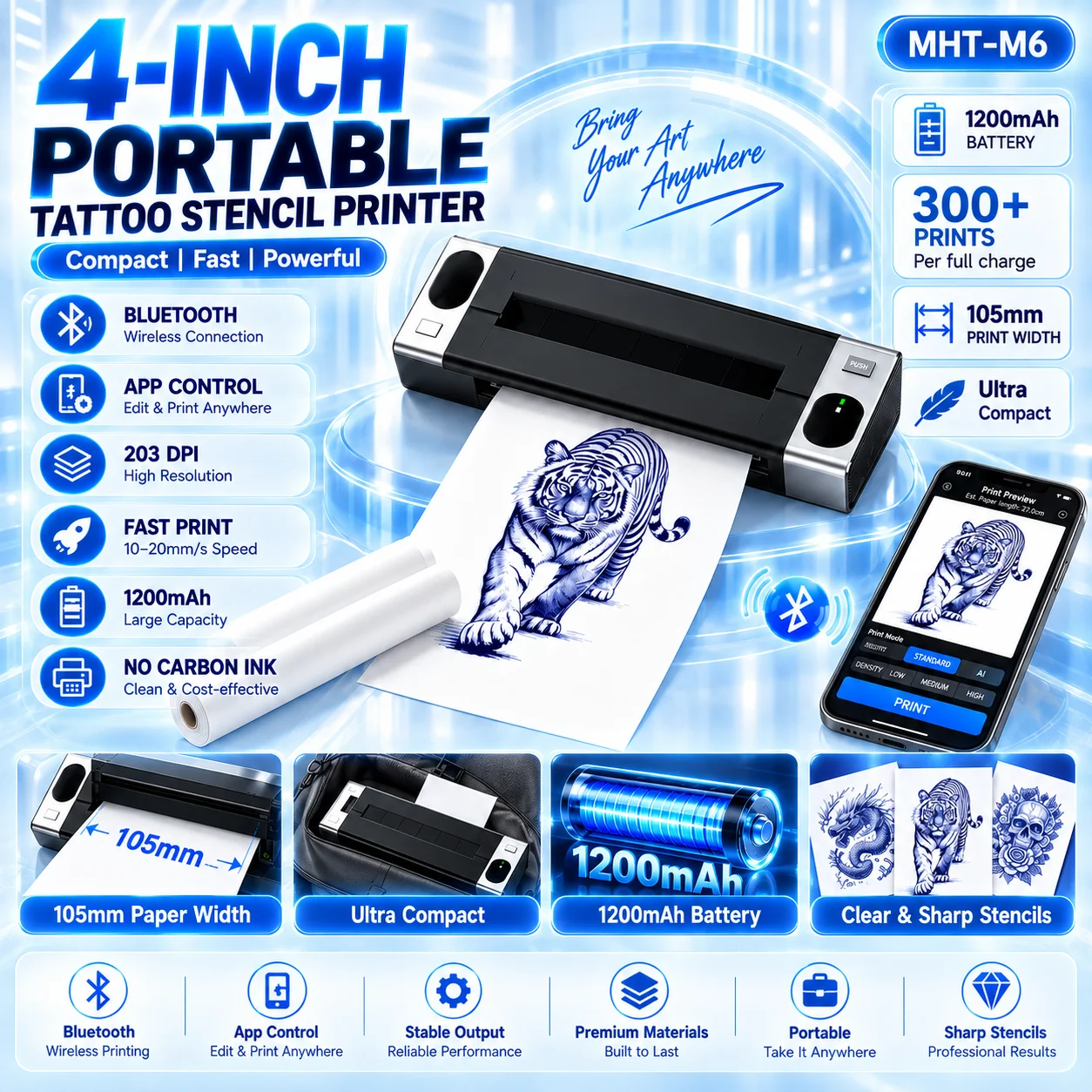 Audersigt Tattoo Stencil Printer Wireless Transfer Printer Compatible with Phone PC for Tattoo Artists Beginners