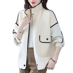 Spring Autumn Jacket Women 2024 New Fashion Loose Leisure Coat Stand-Up Collar Zipper Pocket Pure Colour Black Outerwear Female