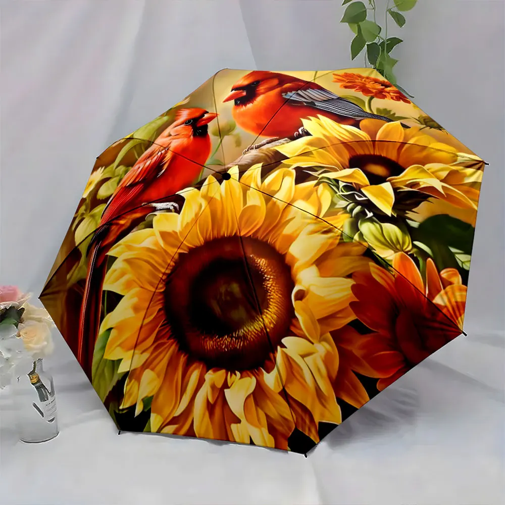 1PC Colorful Birds and Sunflowers Printed Umbrella Print 8 Iron Ribs Folding Umbrella Auto-Open Fashion Sunshade