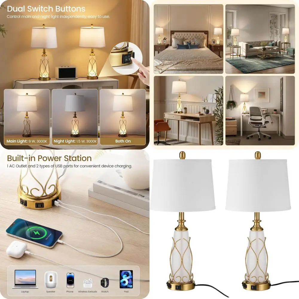 

Pair of 25.6 Modern Gold Glass Table Lamps with USB Ports, LED Nightlight, Ideal for Bedrooms, Living Rooms, Offices