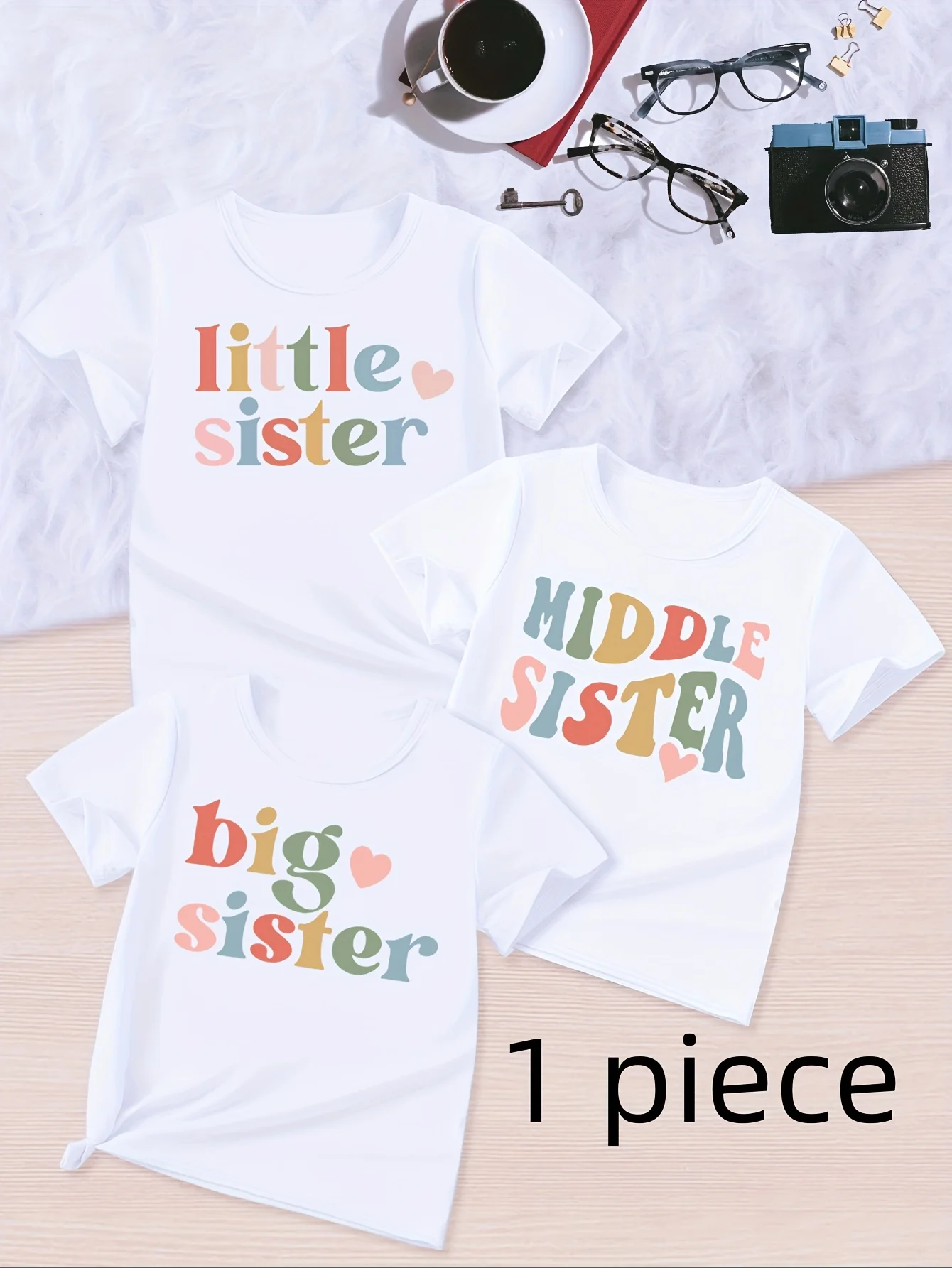 1 Piece White T-Shirt Girls/Boys Colorful Big Sister Middler Sister Little Sister Heart Print T Shirt Girls Kawaii Kids Clothes