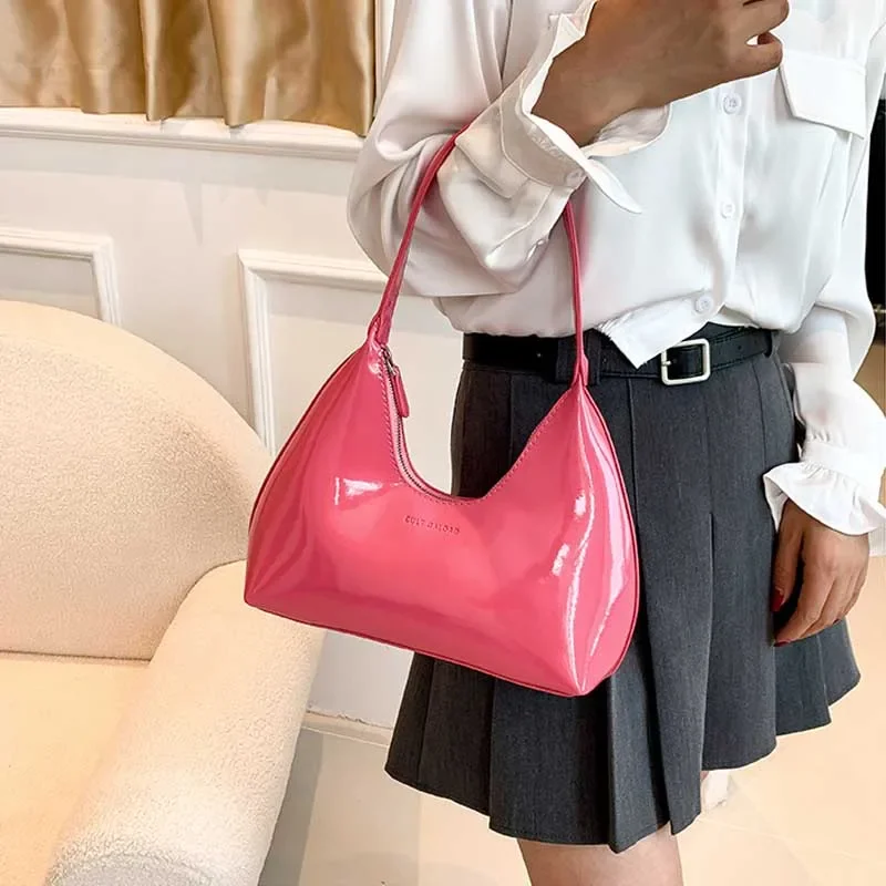 Trendy Designer Solid Shoulder Bags for Women Handbags and Purses 2024 New Fashion Patent Leather Underarm Ladies Tote Bags