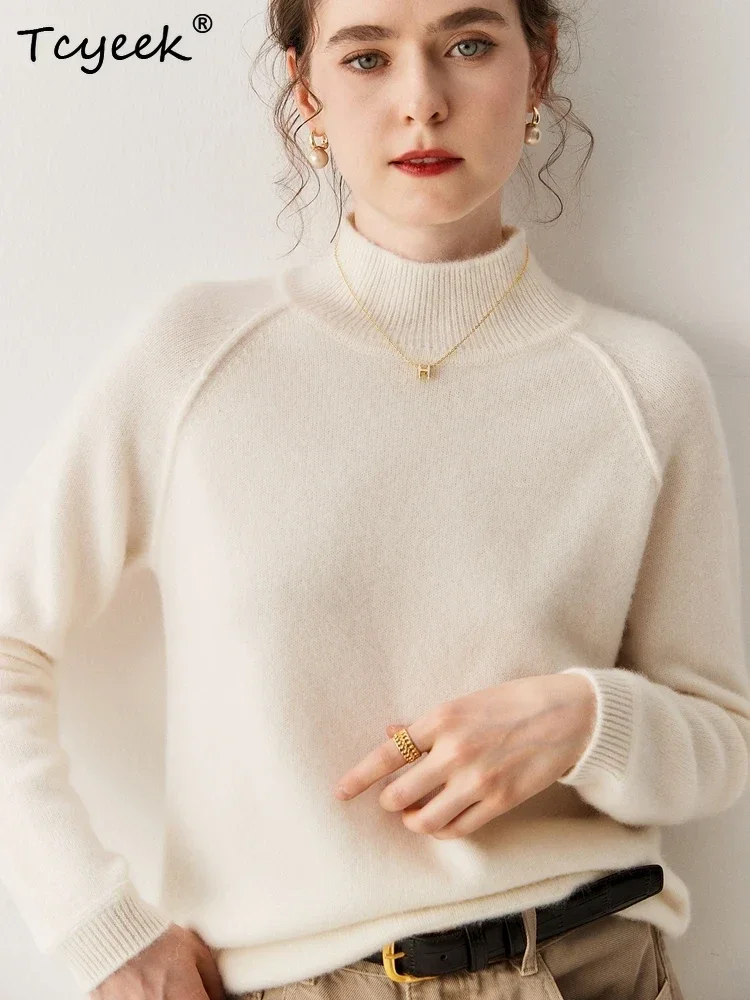 New Chic Women's Basic Mock Neck Pullover Long Raglan sleeves Knit Autumn Winter Sweater 100% Cashmere Clothing Thick Warm Tops