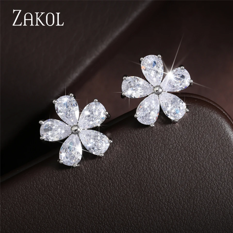 ZAKOL Cute Clear Zircon Flower Stud Earrings For Women Wedding Sparkling Crystal Fashion Bridal Jewelry